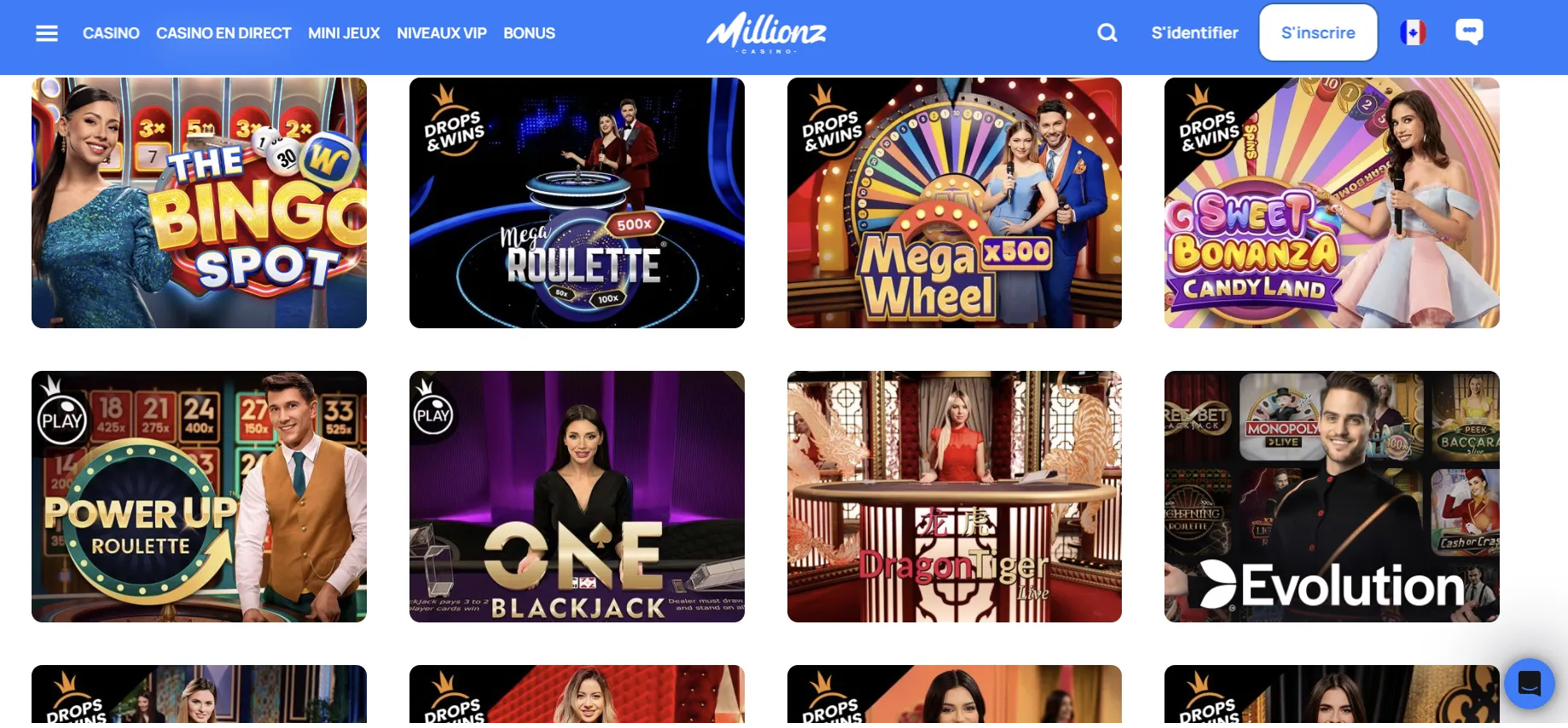 Lobby du casino en direct de Millionz Casino avec les badges Drops and Wins