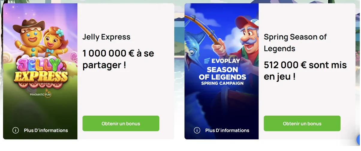 Page des promotions de Millionz Casino avec deux campagnes de tournois